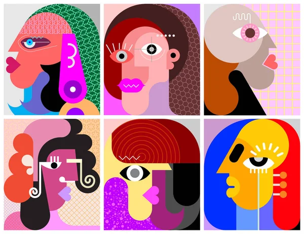 Sechs verschiedene Gesichter Vektor-Illustration — Stockvektor